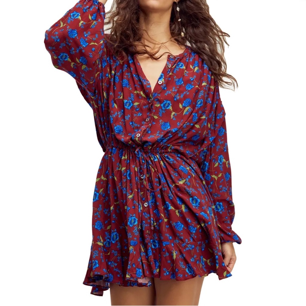 Free People Floral Fields Burgundy & Blur Floral Long Sleeve Pleated Mini Dress